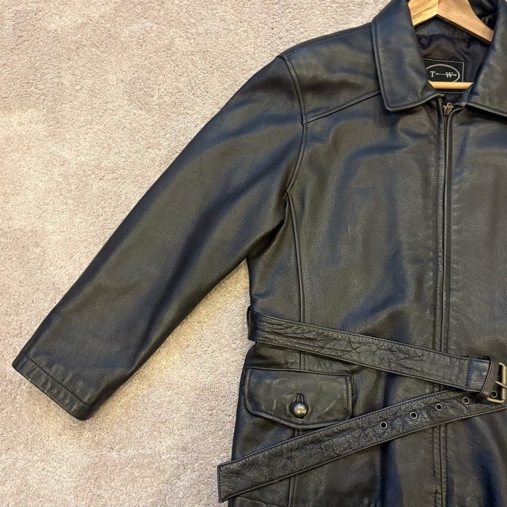 VTG 90s Tannery West Leather Black Brown Belt Collar Zip Jacket Coat Women XL - Picture 6 of 17